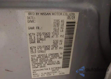 2019 Nissan Murano Sl z USA, uszkodzony, nr VIN 5N1AZ2MS7KN137990